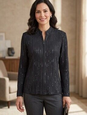 St. John Evening Navy Blue Ribbed Paillette Santana Knit Sweater Jacket 12